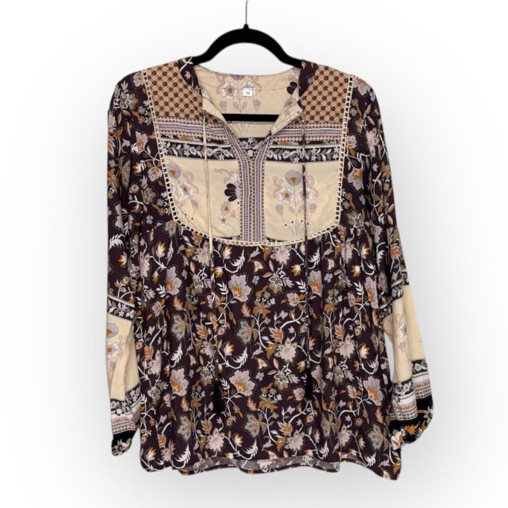 GYPSY FLORAL BOHO TASSEL TIE LONG SLEEVE BLOUSE – SIZE M (EUC)